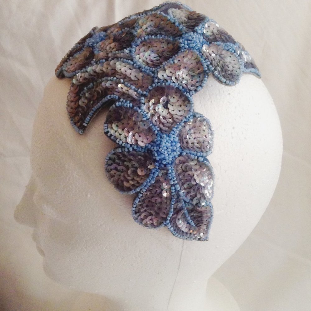Vintage Fascinator Headband Made in Belgium French Blue and Grey Sequins